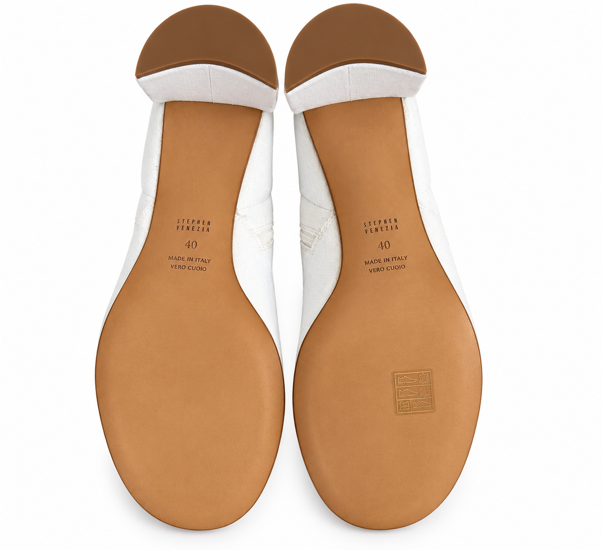Soles of the pair — Stephen Venezia Italian White Canvas Block-Heel Ankle Boots – EU 40.