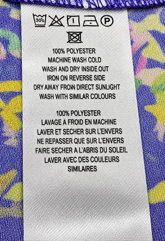 Fabric composition and care label — French Connection Cobalt Violet Floral Satin Top – UK 12.