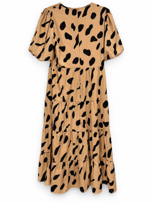 Influence Beige/Tan & Black Leopard Print Puff Sleeve V-Neck Midi Dress UK 14