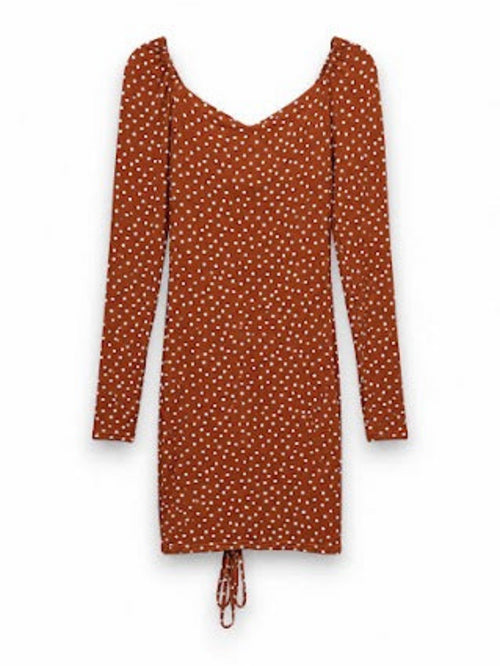 PrettyLittleThing Terracotta Polka Dot Ruched Front Long Sleeve Bodycon Mini Dress UK 12