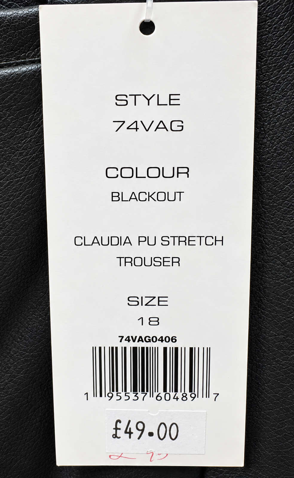 Retail tag showing product reference β French Connection Blackout Claudia PU Stretch Trousers β UK 18.