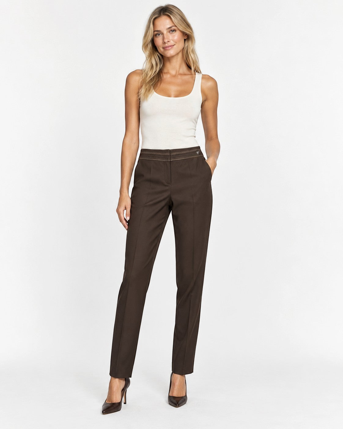 Tru Trussardi Dark Brown Tailored Trousers – IT 48 shown on a model.