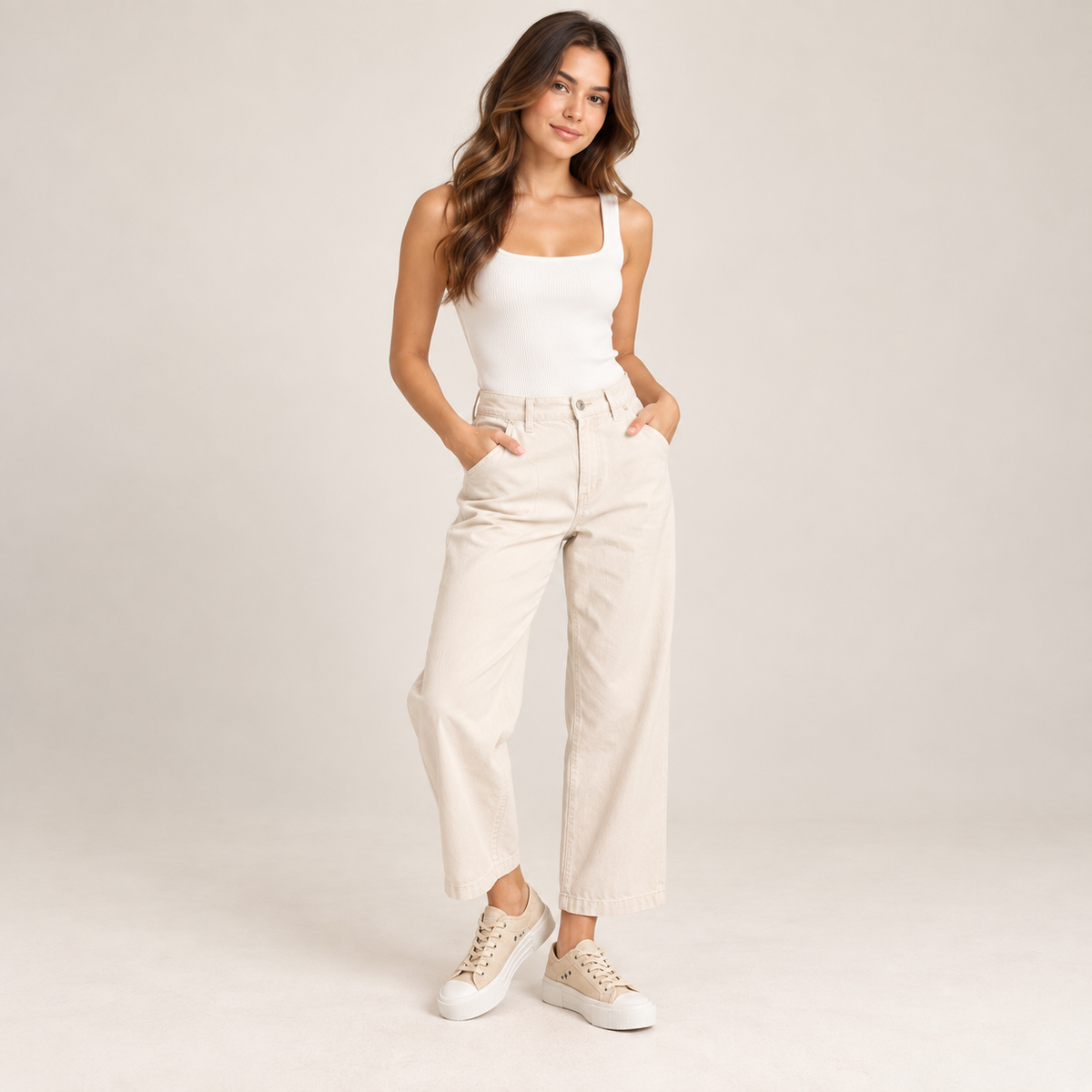 Philippe Model PDLD W002 Paris Haute Low Woman Sneakers – Lait/Ecru - UK 6 shown on a model.