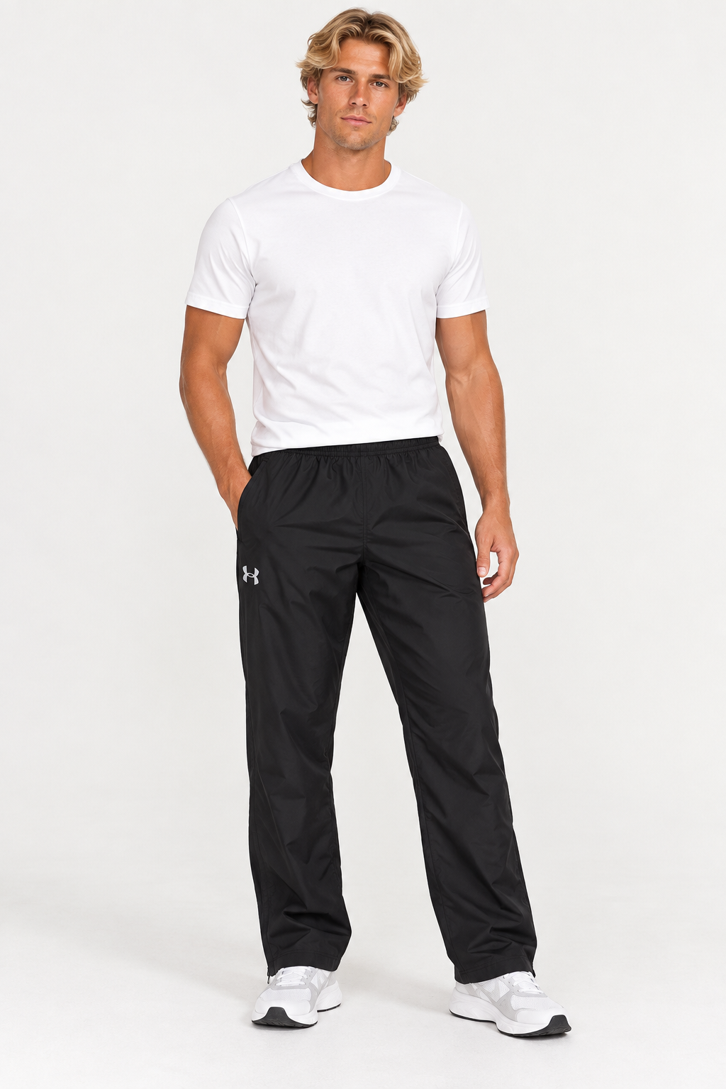 Under Armour Black Men’s Full-Zip Training Trousers – L / XL shown on a model.