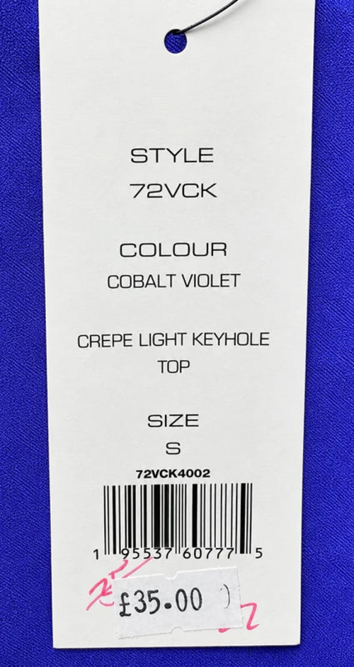 Retail tag showing product reference — French Connection Cobalt Violet Crepe Light Keyhole Top – XS and S.