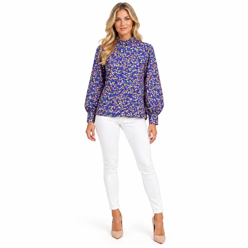 French Connection Cobalt Violet Floral Satin Top – UK 12 shown on a model.