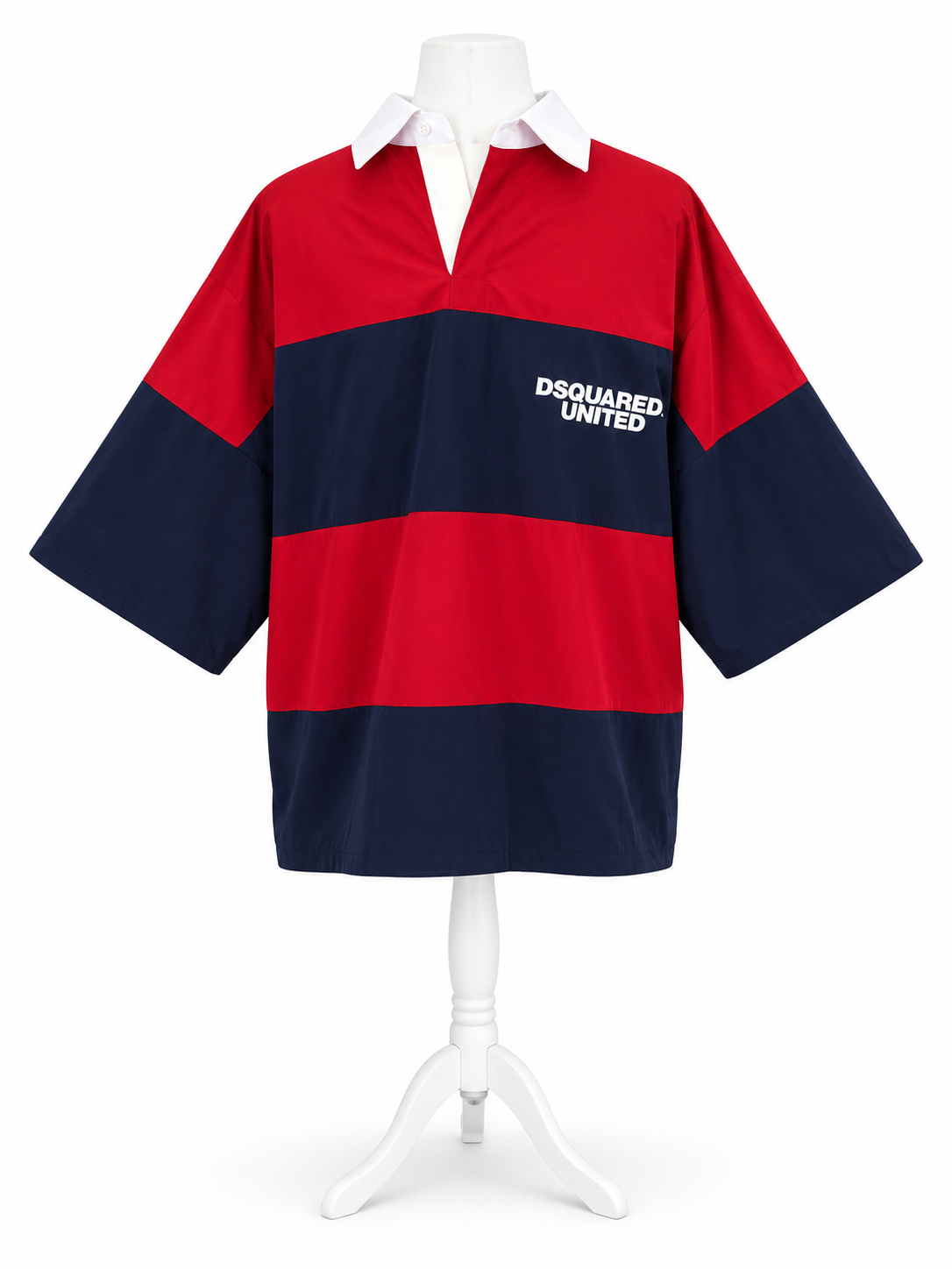 DSQUARED2 United men's red and navy striped padded rugby polo shirt with white collar, IT 46, Brand New With Tags
