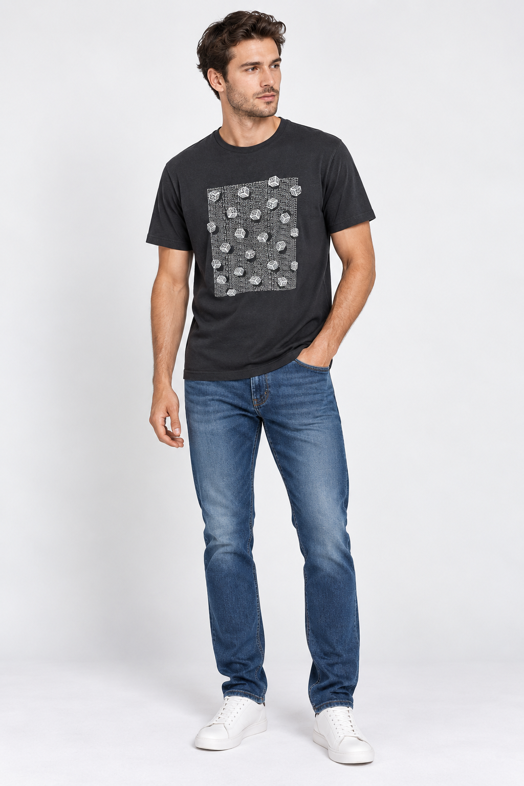 French Connection Black Graphic T-Shirt – L shown on a model.