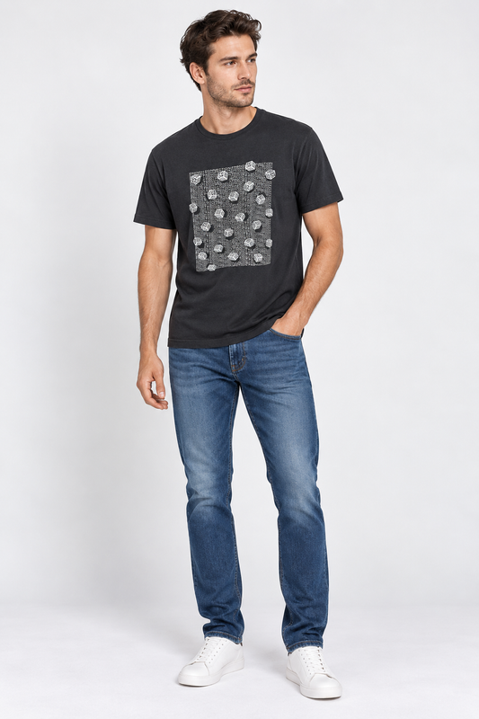 French Connection Black Graphic T-Shirt – L shown on a model.