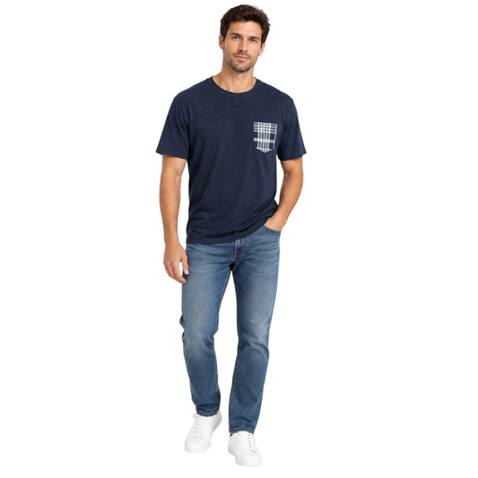 Ted Baker Ted Navy T-Shirt with Check Pocket L shown on a model.