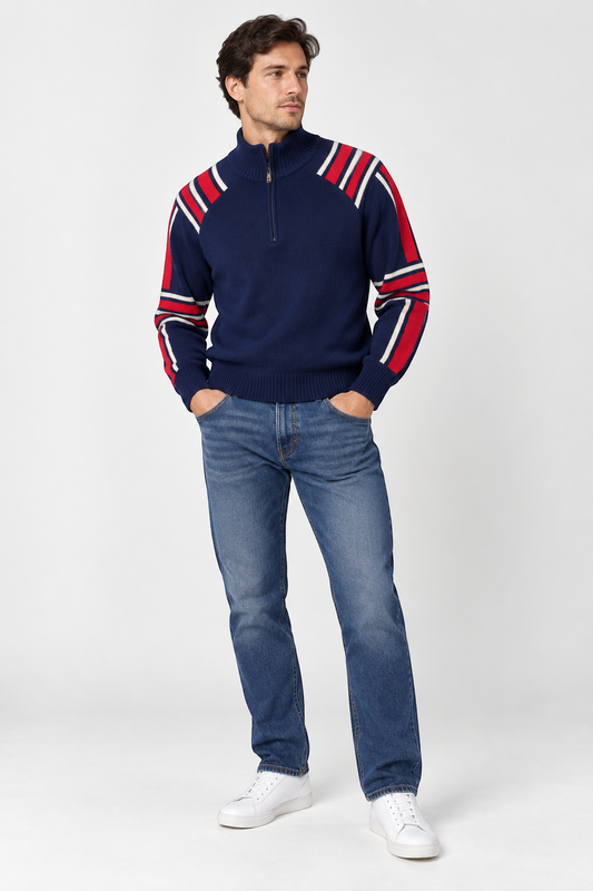 Alps & Meters Men's Navy Slalom Merino & Cashmere Jumper – XL shown on a model.