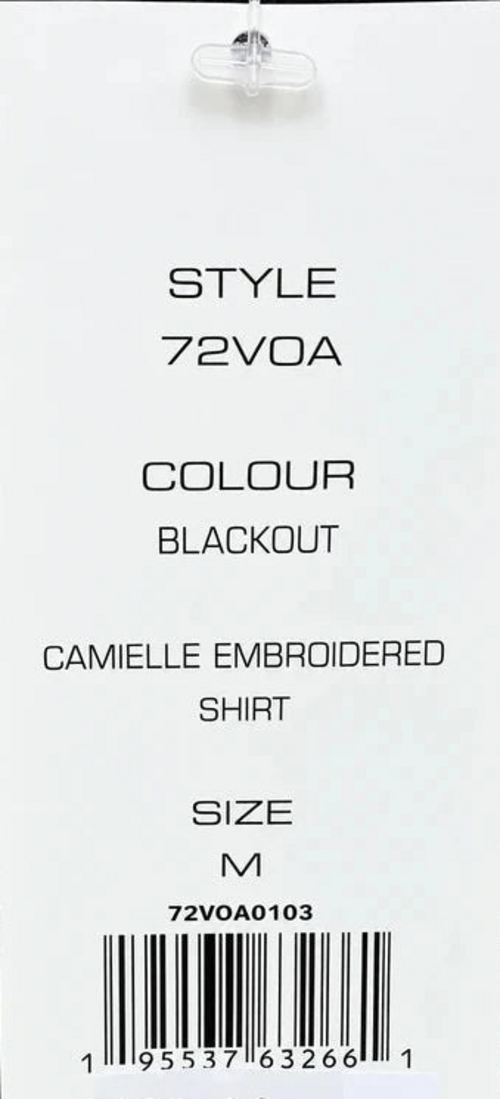 Retail tag showing product reference — French Connection Blackout Camille Embroidered Shirt – Size M.