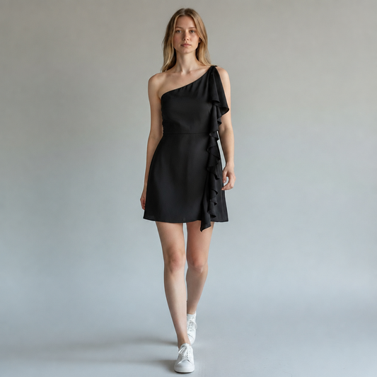 Marc Ellis Black Draped Ruffle Mini Dress – Size 40 — photograph 1