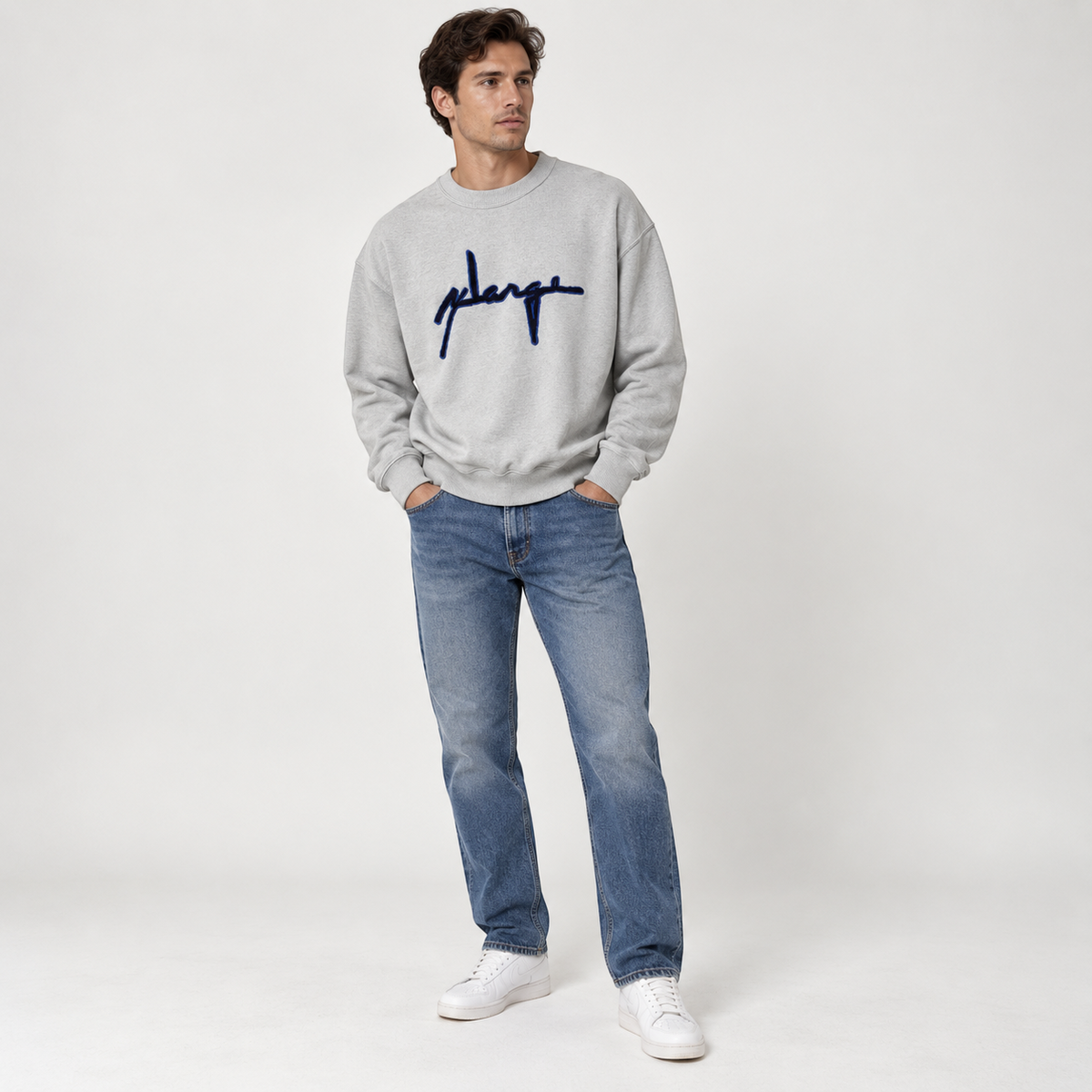 XLARGE Grey Embroidered Logo Crewneck Sweatshirt – S / M shown on a model.