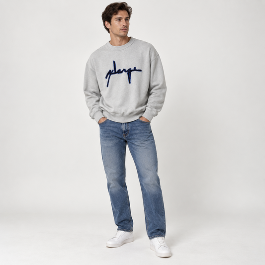 XLARGE Grey Embroidered Logo Crewneck Sweatshirt – S / M shown on a model.