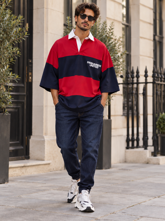 DSQUARED2 United men's red and navy striped padded rugby polo shirt with white collar, IT 46, Brand New With Tags