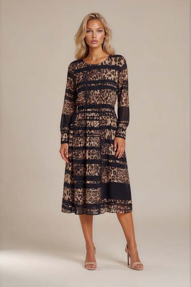 8 by YOOX Brown & Black Leopard Print Long-Sleeve Dress – M shown on a model.