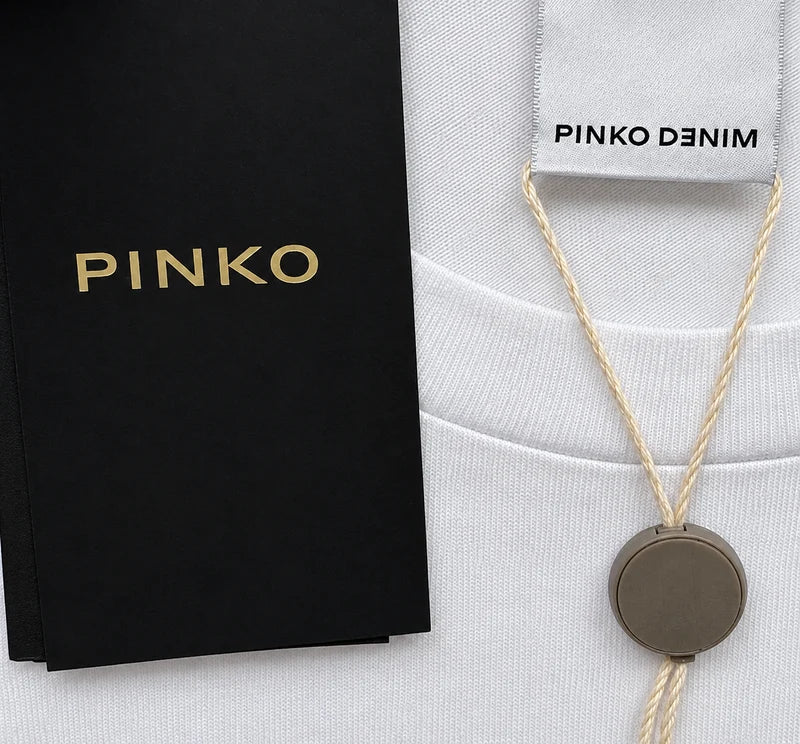 Retail tag showing product reference — Pinko Denim White Maestrale Corset-Detail T-Shirt – S.
