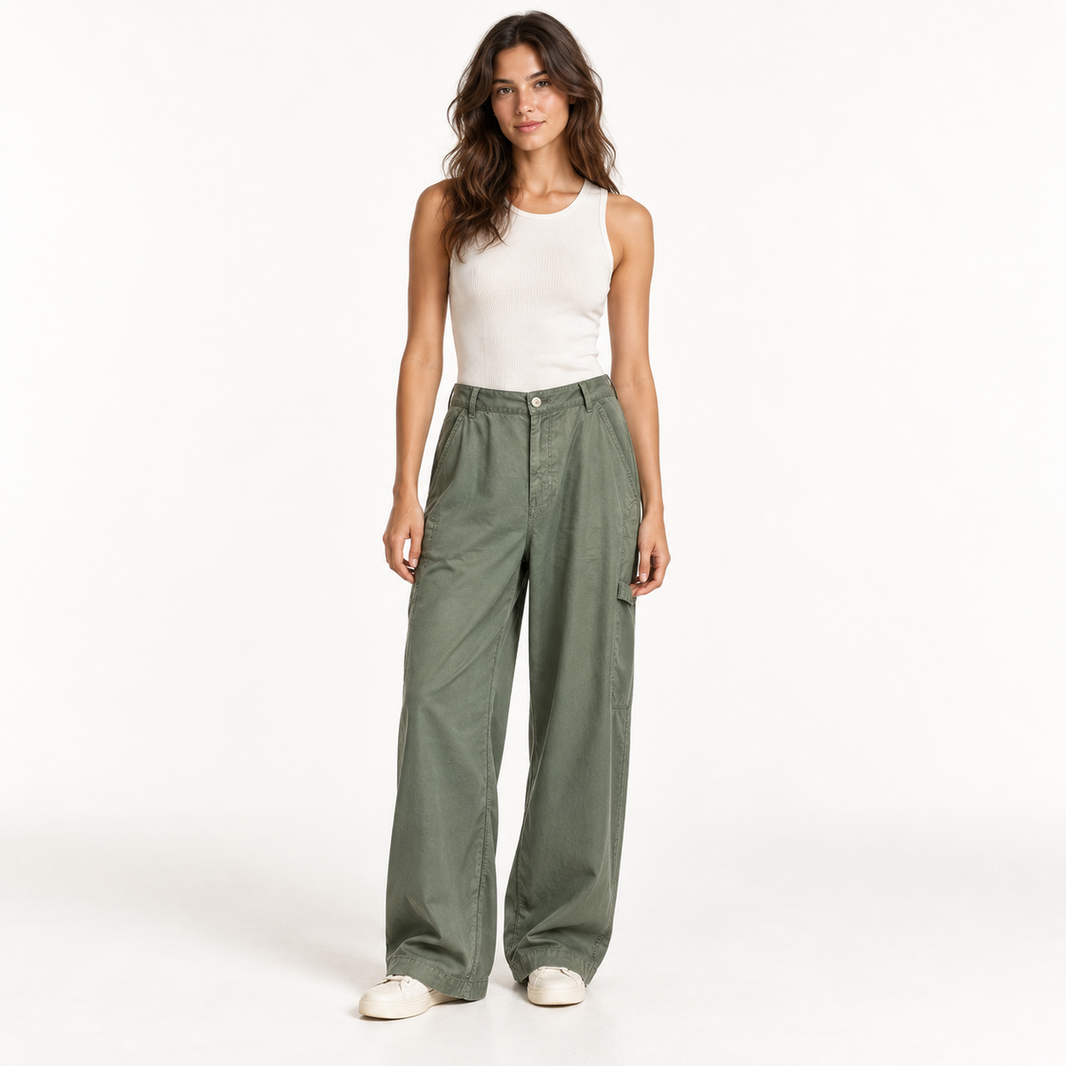 Shown on a model — Pinko Oslo Green Wide-Leg Trousers – IT 44.