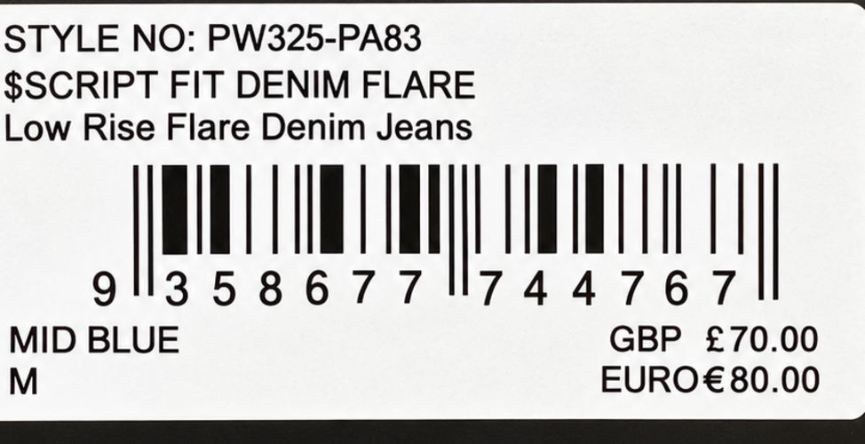 Retail tag showing product reference — Playboy Mid Blue Low Rise Flare Jeans – M.