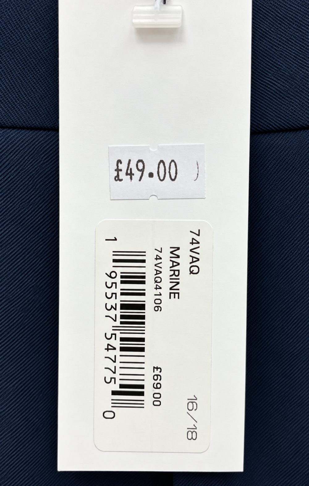 Retail tag showing product reference — French Connection Marine Harry Wide-Leg Suiting Trousers Size 16/18.