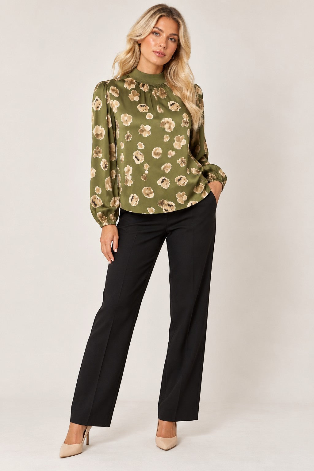 French Connection Nutria Bronwen Aleeya Satin Top S shown on a model.