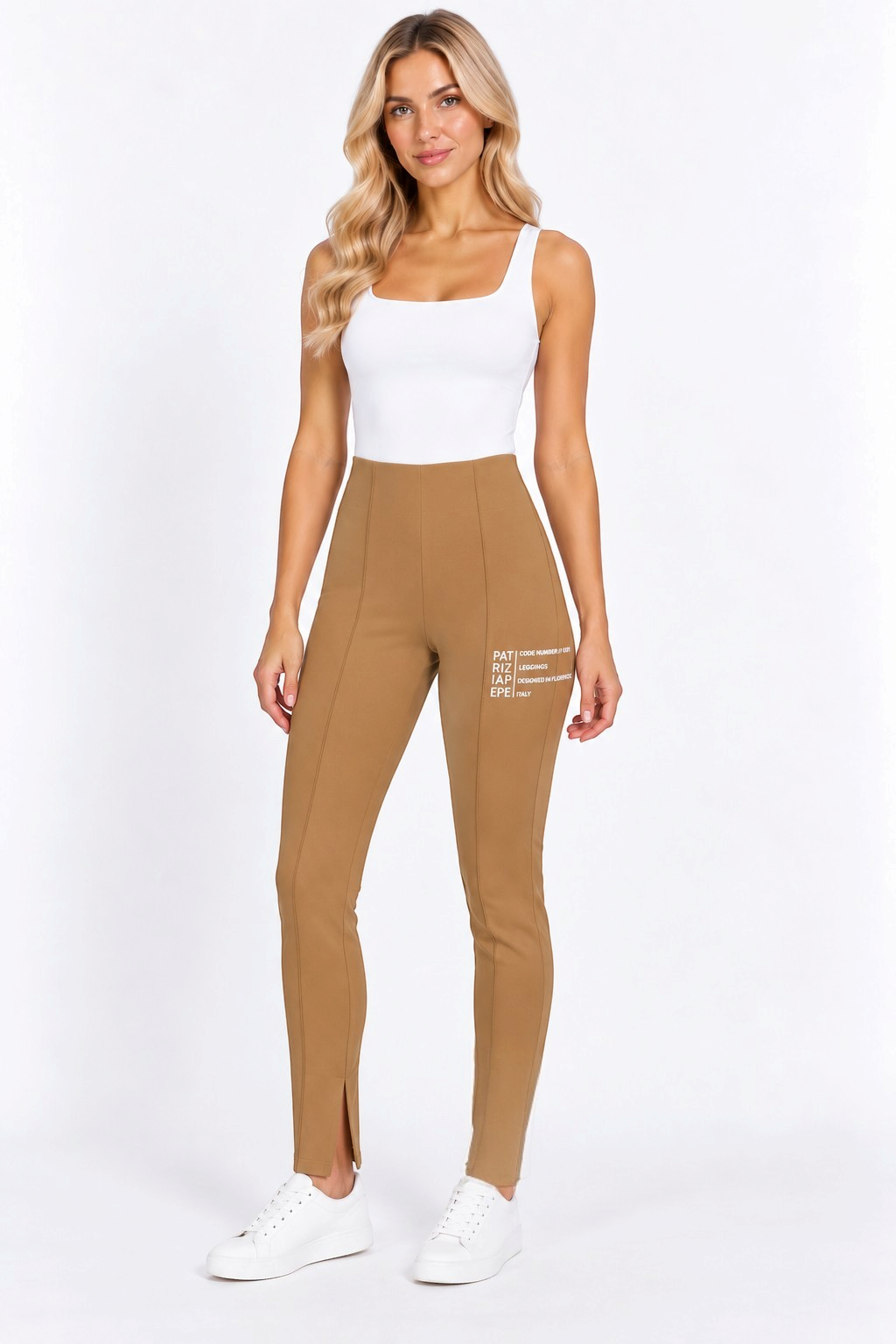 Patrizia Pepe Cookie Beige Leggings with Ankle Splits – II shown on a model.
