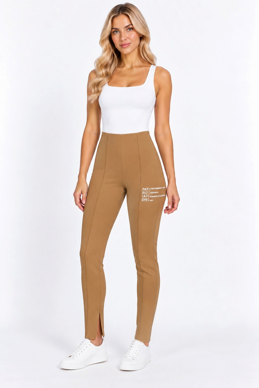Patrizia Pepe Cookie Beige Leggings with Ankle Splits – II shown on a model.