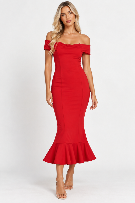 PrettyLittleThing red Bardot fishtail maxi dress, UK 8 – product image 1