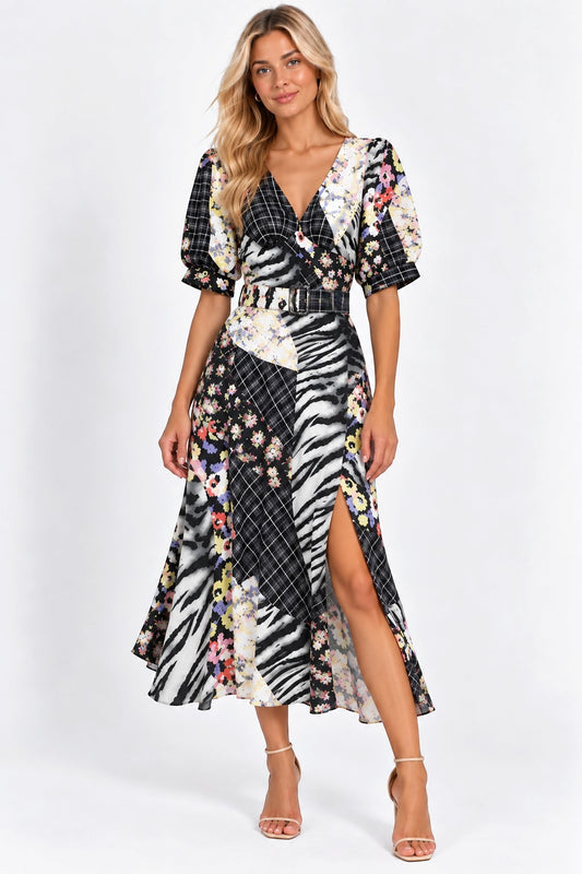 ASOS DESIGN Multi Print Retro Midi Dress with Belt – UK 8 shown on a model.