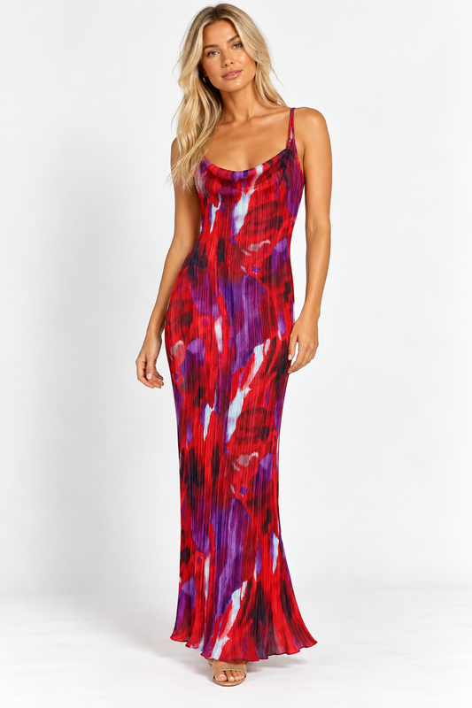 DLSB red abstract plissé cowl maxi dress, size 10–12 – product image 1