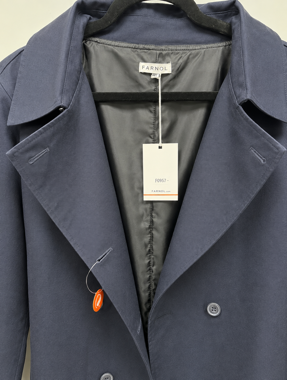 Design detail close-up — Farnol Navy Double-Breasted Belted Trench Coat – TN 46.