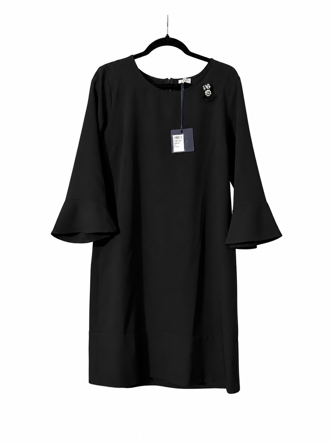 LIU JO Eden black bell sleeve shift dress IT 46 BNWT — front garment view with round neckline and brooch