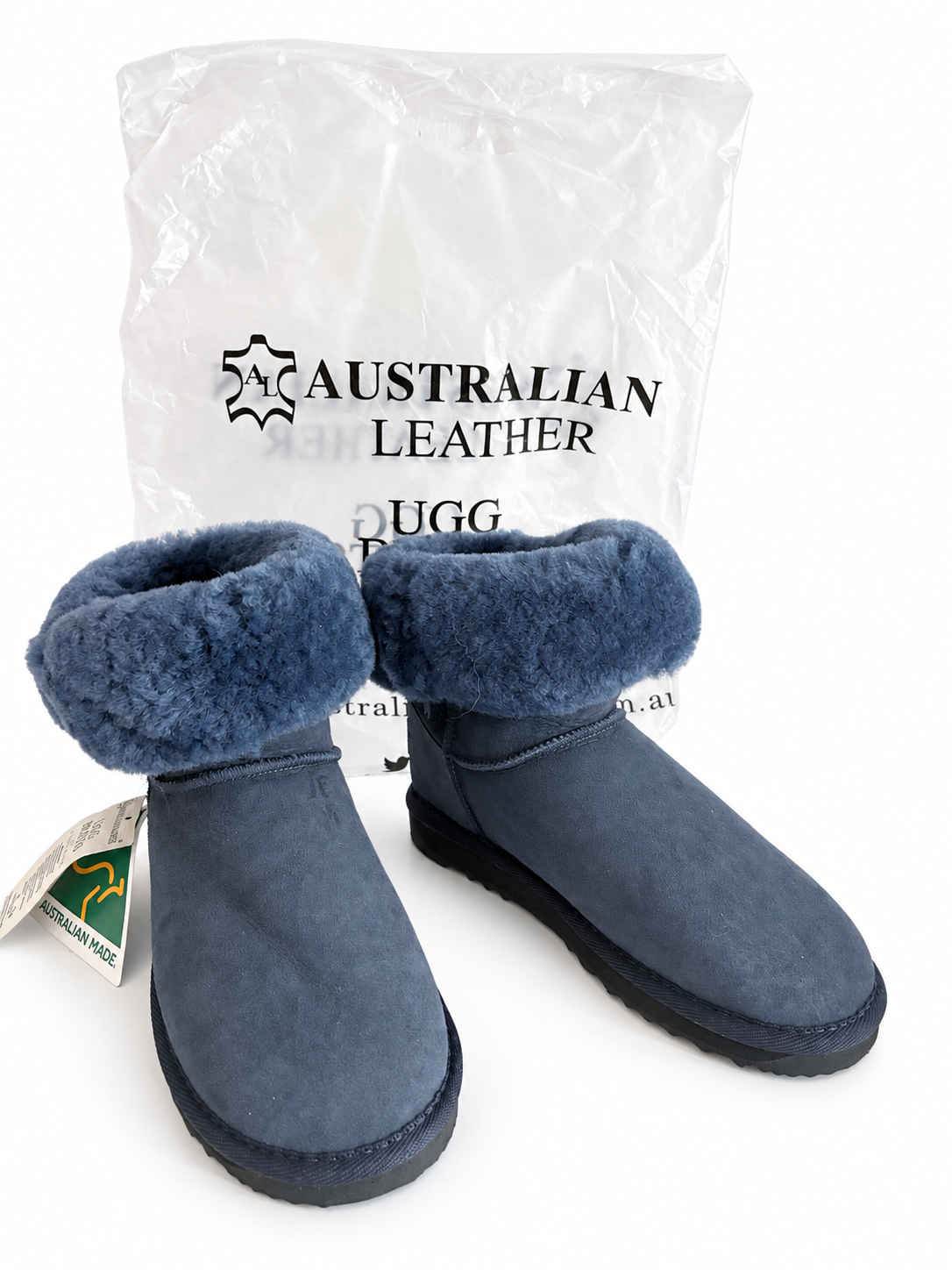 “Australian Leather” UGG Boots – Blue Suede with Fold-Over Sheepskin Cuffs – UK 7.5 / EU 40 – BNWT