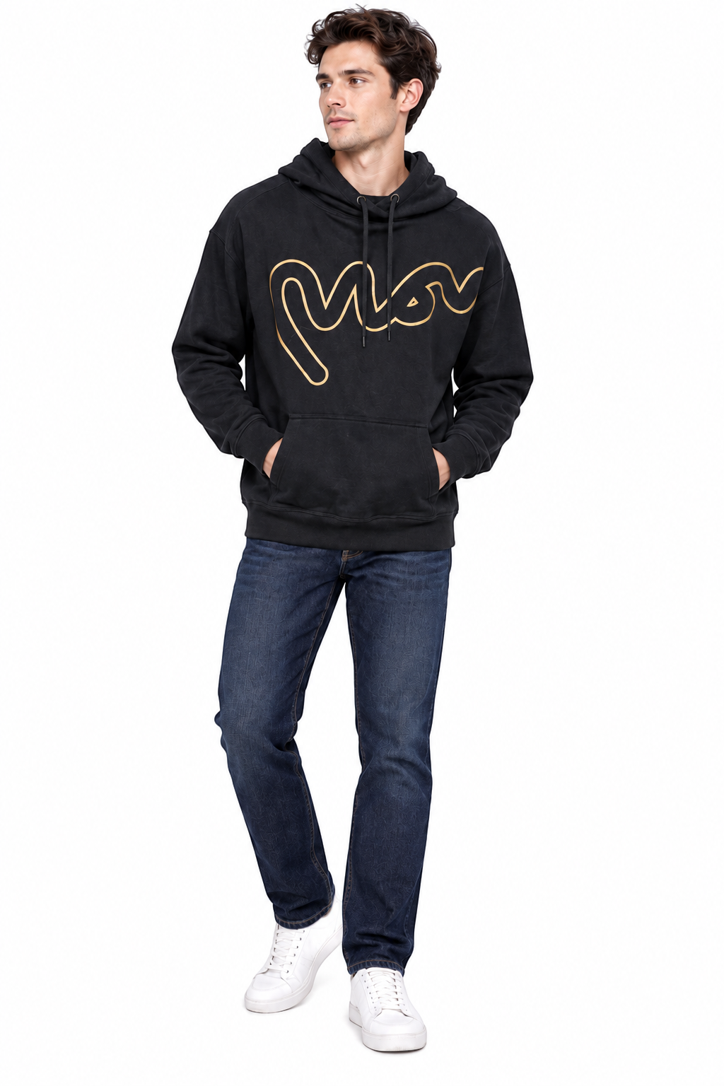 Money Black Graphic Hoodie – M shown on a model.