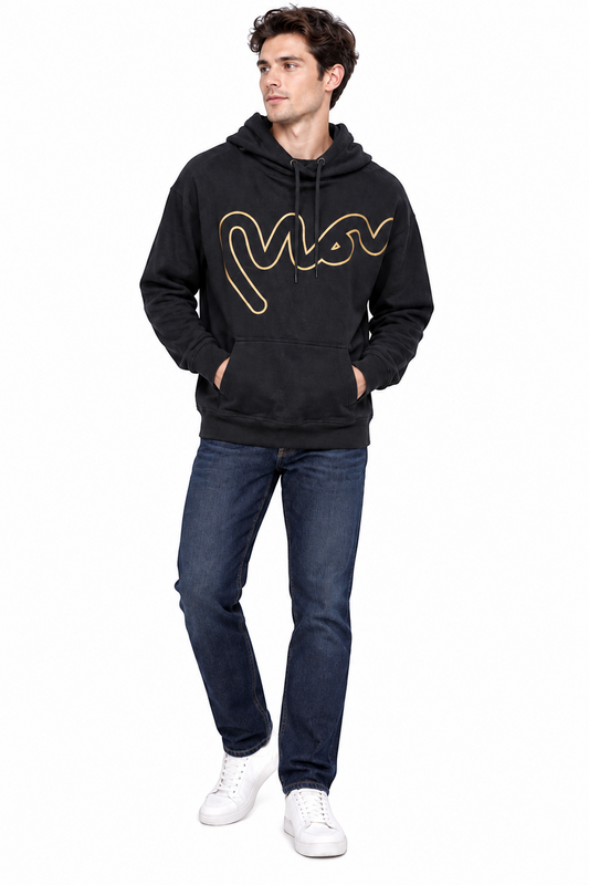 Money Black Graphic Hoodie – M shown on a model.