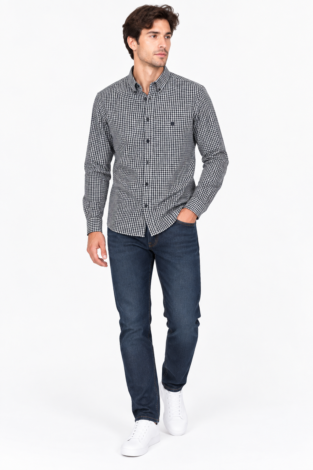 French Connection Marine Gingham Long-Sleeve Shirt – L shown on a model.