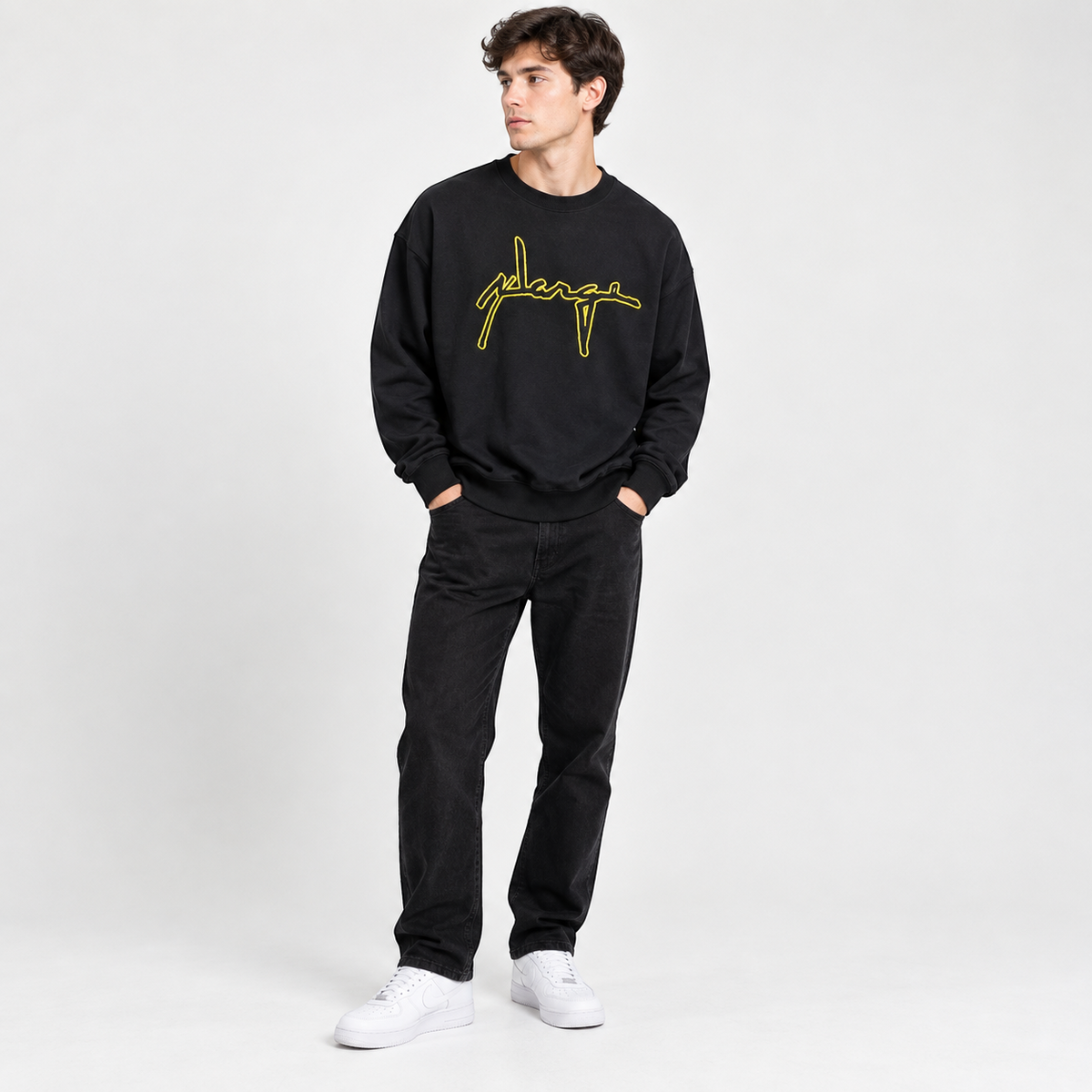 XLARGE Black Embroidered Crew Neck Sweatshirt – M shown on a model.