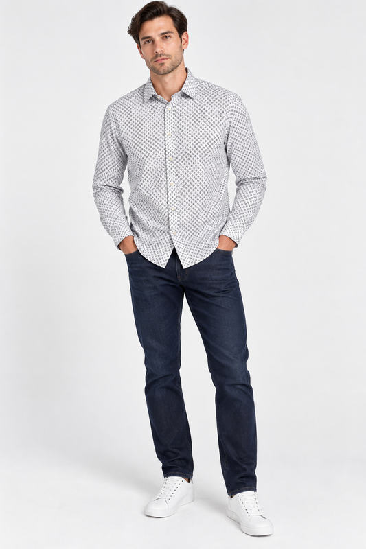French Connection White Floral Print Shirt – S / M shown on a model.