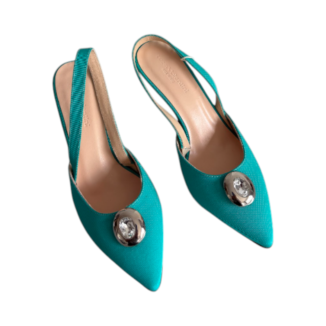 Acquamarina Turquoise Leather Slingback Pointed-Toe Heels with Silver Embellishment - EU 37 – product image 2
