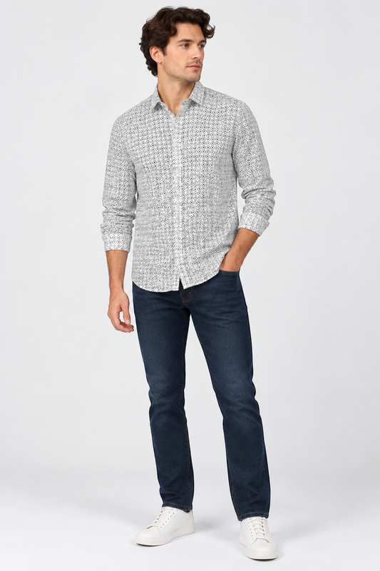 French Connection White Patterned Shirt – M shown on a model.