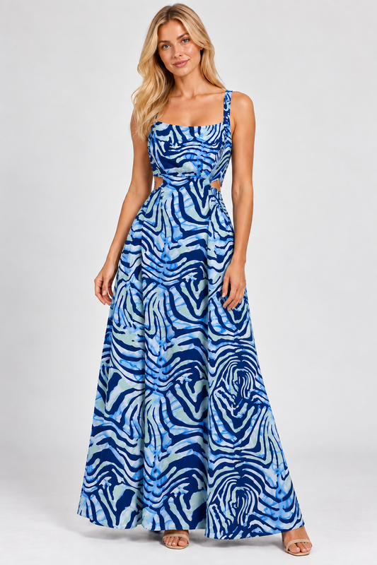 QED London Blue Printed Tie-Back Maxi Dress UK 10
