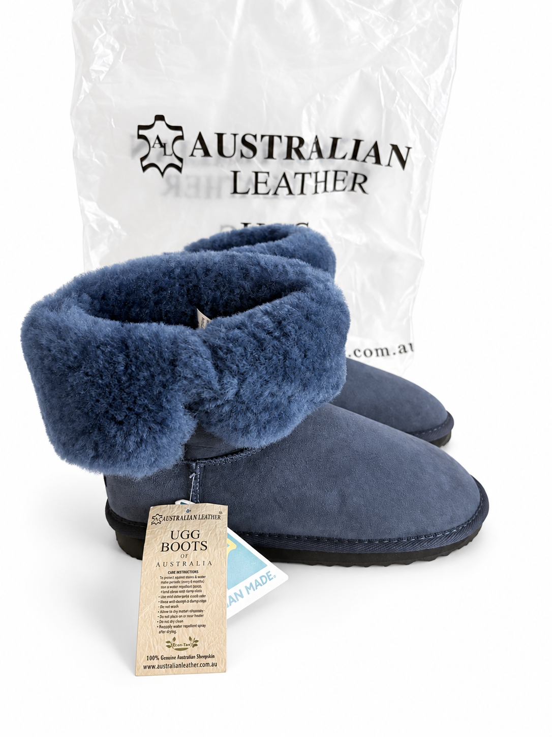 “Australian Leather” UGG Boots – Blue Suede with Fold-Over Sheepskin Cuffs – UK 7.5 / EU 40 – BNWT