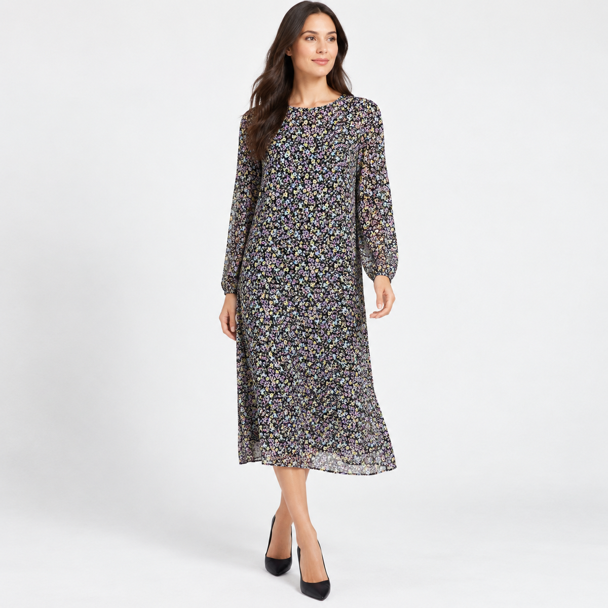 NA-KD Multi Floral Print Long Sleeve Open Back Calf-Length Dress – EU 36 – product image 1