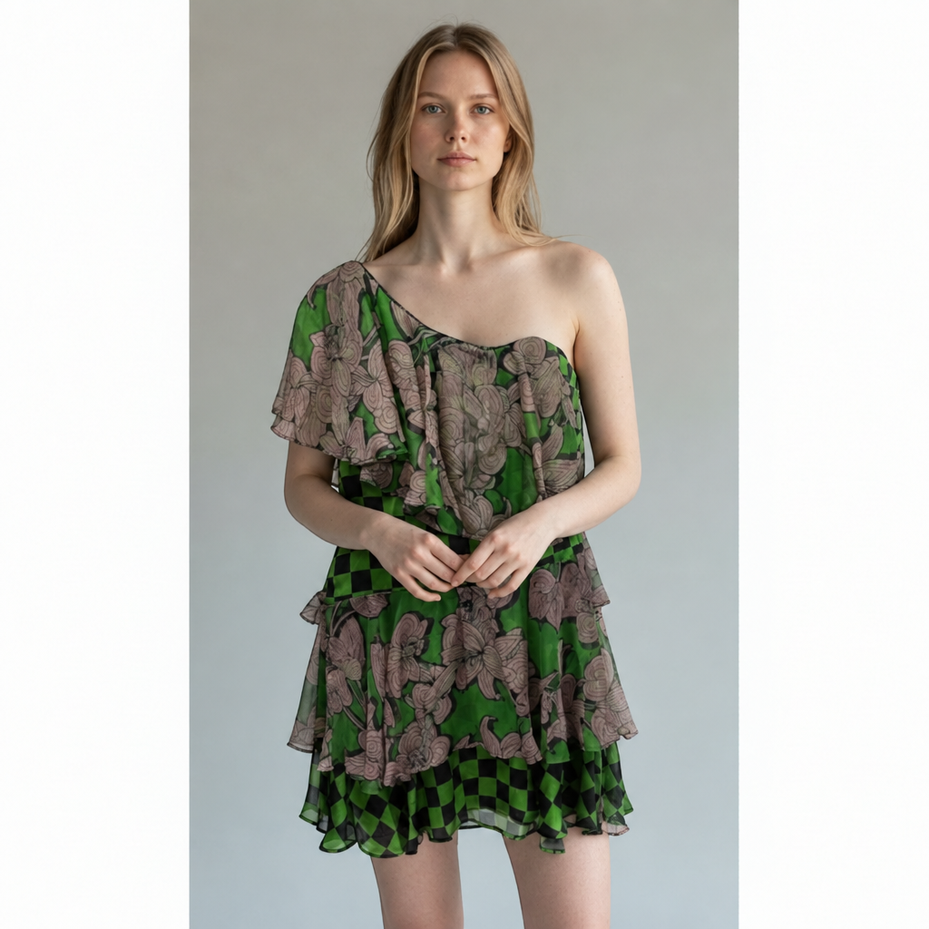 Silvian Heach Maliumba Mixed-Print Asymmetric Ruffle Mini Dress – XXS
