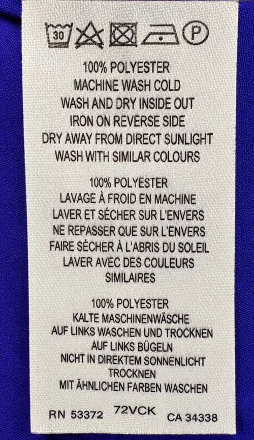 Fabric composition and care label — French Connection Cobalt Violet Crepe Light Keyhole Top – XS and S.