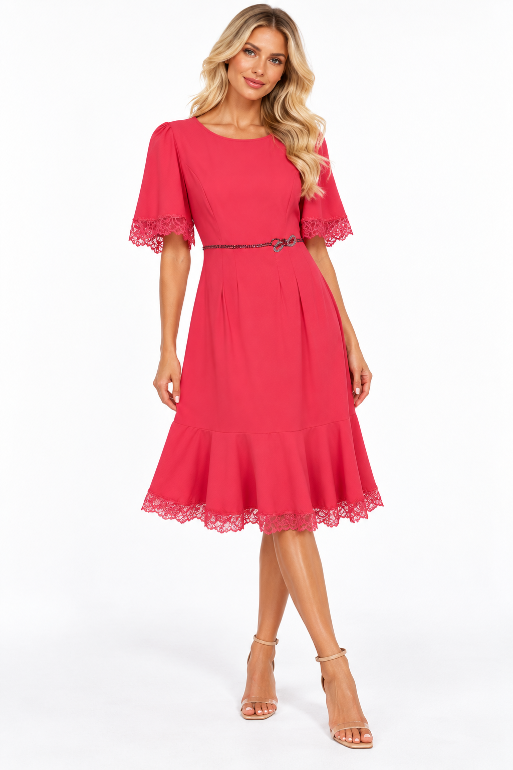 VDP Collection Pink Calf-Length Dress with Lace Trim & Embellished Belt – Size 42 shown on a model.