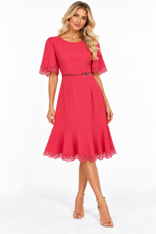 VDP Collection Pink Calf-Length Dress with Lace Trim & Embellished Belt – Size 42 shown on a model.