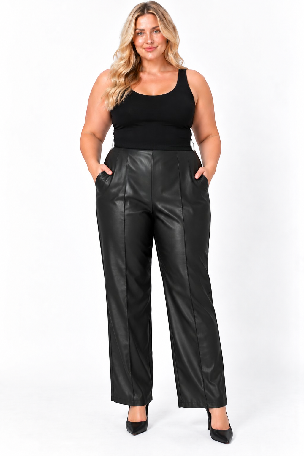 French Connection Blackout Claudia PU Stretch Trousers – UK 18 shown on a model.