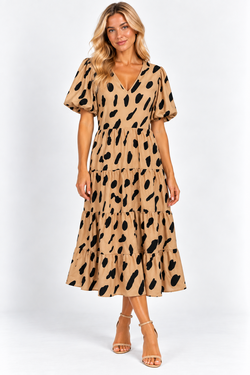 Influence Beige/Tan & Black Leopard Print Puff Sleeve V-Neck Midi Dress UK 14